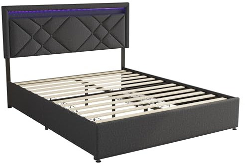 LSFYYDS Bett 160x200cm mit LED Beleuchtung, Polsterbett mit 4 Schubladen und USB-Ladestationen, Jugendbett Bett mit Stauraum für Erwachsene & Jugend, Hautfreundliche Leinenmaterial