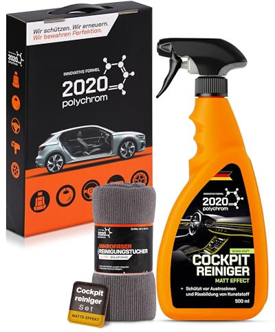 2020 Polychrom Cockpitpflege Auto Set – Cockpitreiniger pH-neutral mit Matte Effekt & Mikrofaser – Kunststoffreiniger für Armaturenbrett & Innenraum – Cockpitspray ohne Streifen mit Guave-Duft