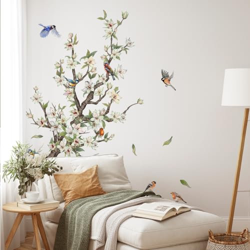 Stickers Muraux Fleur Blanche, Autocollants Muraux Oiseaux sur Branche D'arbre, Décoration Murale pour Chambre Salon Salle de Bain