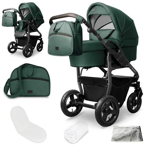 Kombikinderwagen Capri 2-in-1 Babywanne Sportsitz faltbar | Komfortabler Kinderwagen ab Geburt bis 22 kg mit Luftreifen Federung verstellbarem Griff Zubehör und Regenschutz