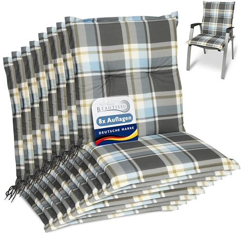 Beautissu 8er Set Niedriglehner Auflagen für Gartenstühle Kariert | 100x50cm Blau Polster bequeme Gartenstuhl Stuhlkissen Polsterauflagen UV-Lichtecht Gartenpolster Sunny BK