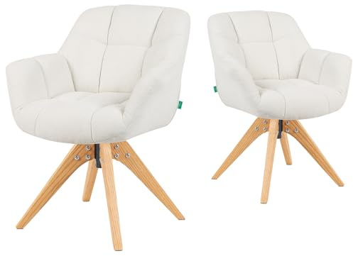 DUBI Möbel Esszimmerstühle 2er Set 360° drehbar mit Taschenfederkern, hoher Sitzkomfort, bis 150 kg belastbar, abriebfester Stoff Creme, Eiche Massivholzgestell geölt (Natur), Mika-Nele