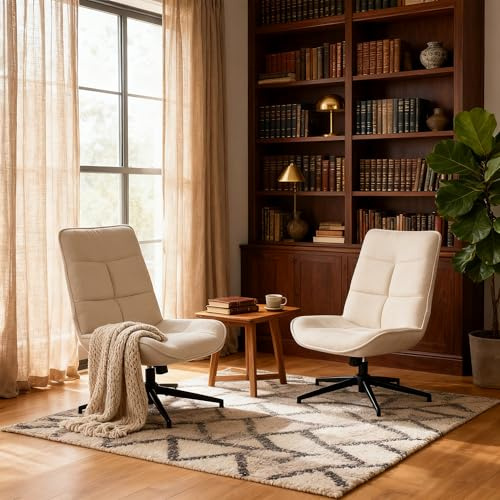MEUBLE Cosy Relaxsessel 2er Set Drehsessel höhenverstellbar für Wohnzimmer, Moderner Lehnstühle mit Wippfunktion, Weicher Stoff & Schwarze Metallbeine, Beige