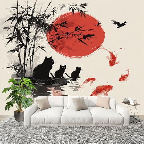Fototapete 3D Effekt 400x280 cm Mit Koi Und Schwarzer Katze Tapete Vlies Geruchlos Atmungsaktiv Wandtattoo Rot HD Wanddeko Wandtapete Wandbild Nahtloses Spleißen Panoramatapete