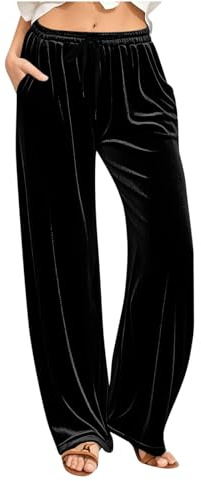 TANGNADE Velvet Pants for Women with Pockets Soft Dressy Casual Elastic Waist Warm Velour Lounge Pant Formal Slacks Women's Travel Outfits Black XL