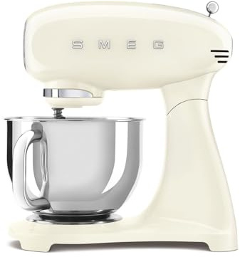 Smeg, Impastatrice Planetaria Full Color SMF05CREU, 10 Livelli di Velocità, Funzione Smooth Start e Steady Mix, Ciotola da 4,8 L, Blocco Motore, 3 Fruste e Gancio Impastatore, 800 W, Panna