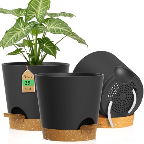 WSMKSZ 25cm Self Watering Plant Pots Indoor Outdoor, 3 Pack Flower Pots | 10 inch Large Thick Plastic Planters Pots with Drainage Holes & Removable Deep Reservoir, Cotton Wick, Black Brown