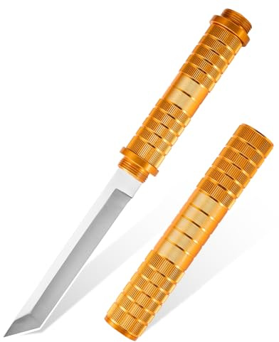 bhkz Jagdmesser mit feststehender Klinge, Gold Aluminium Griff, 25cm Länge, Edelstahl Klinge 15cm, Taktisches Outdoor Survival Messer mit zylindrischem Aufbewahrungsgriff (Goldener eckiger Kopf)