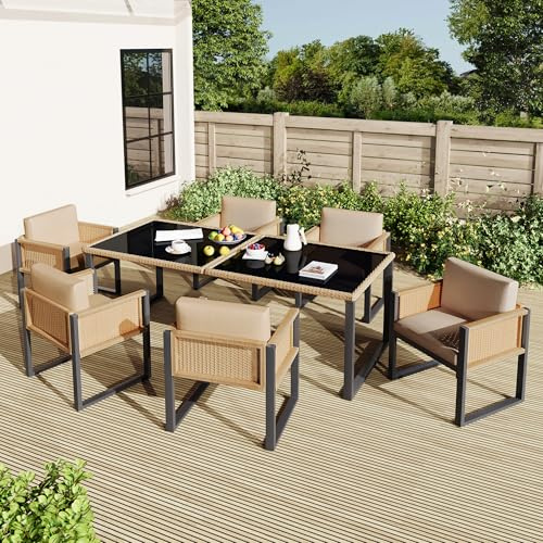 Httcg Rattan Gartenmöbel Set Terrassenmöbel für 6 Personen, Lounge Möbel Outdoor Balkonmöbel Set mit 6 Sessel und Esstisch, Sitzgruppe Outdoor Essgruppe Set mit Sitz- und Rückenkissen, Braun+Schwarz
