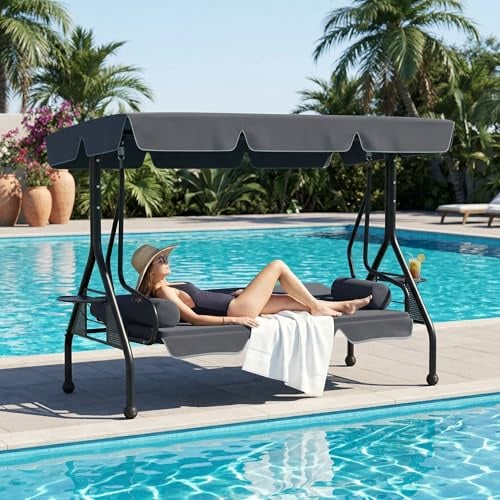 UISEBRT Dondolo Hollywood a 3 posti con funzione sdraiata, altalena da giardino con tettuccio parasole regolabile, 2 cuscini, 2 vassoi per esterni, portata fino a 350 kg, per giardino, piscina