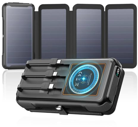 A ADDTOP Solar Power Bank, 16000mAh Wireless PowerBank mit 3 Kabelns | 20W Schnellladefunktion Solar Ladegerät mit 4 Solar Panels, PD QC 3.0 USB C Externe Handyakkus mit Taschenlampen für Outdoor
