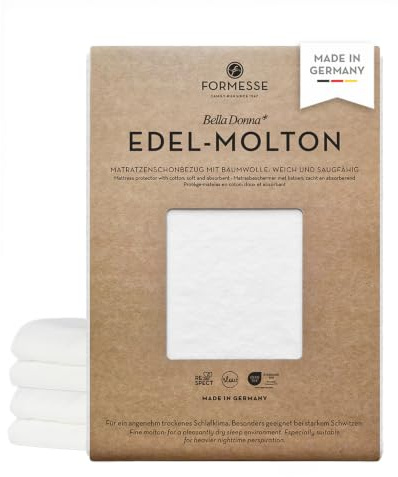 Bella Donna Edel-Molton Matratzenschoner: geeignet bei starkem Schwitzen | FORMESSE 120x190-130x220 cmbis 30cm; 82% Baumwoll-Kompaktgarn, 16% Polyester, 2% Elastan; sehr saugfähig, trockenes Schlafen