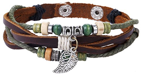 Morella Damen Lederarmband braun Holzperlen Kordel und Blatt Charm Anhänger