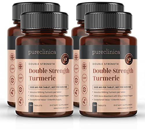 Double Strength Turmeric - 1000mg x 720 Tablets (4 Bottles of 180)- Natural Levels of Curcumin - and 5mg Black Pepper Extract.