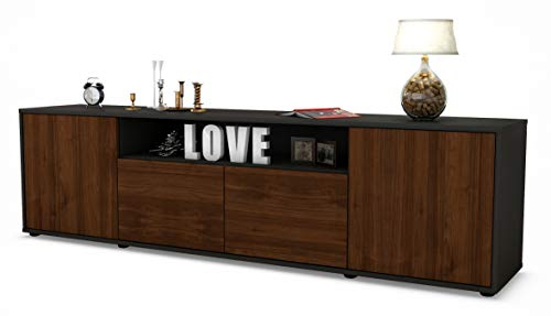 Stil.Zeit TV Schrank Lowboard Arianna, Korpus anthrazit matt, Front Holz-Design Walnuss (180x49x35cm), mit Push-to-Open Technik