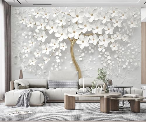 MIWEI Wallpaper Papier Peint Panoramique Mur De Fond Tv Belle Fleur Blanche En Relief Papier Peint Nature Intissé Murale Chambre Salon（430cmX300cm）