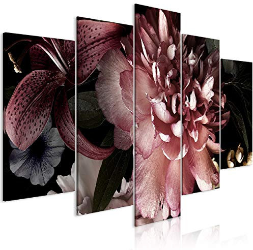 decomonkey Bilder Blumen 200x100 cm 5 Teilig Leinwandbilder Bild auf Leinwand Vlies Wandbild Kunstdruck Wanddeko Wand Wohnzimmer Wanddekoration Deko Natur Lilie Pfingstrose