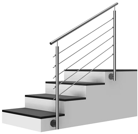 Edelstahl Treppengeländer Seitenmontage, 1,9m lang, 0,9m hoch, Außengeländer, je 2 Pfosten + 5 Querstreben + Handlauf mit Trägerplatten + Zubehör, Winkelverstellbar (L:1900mm H:900mm)