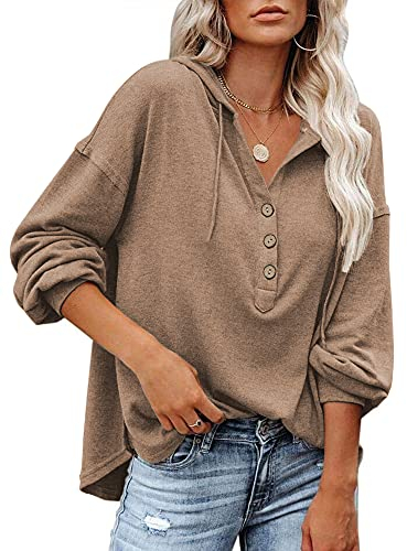 PLOKNRD Kapuzenpullover Damen Langarm Knöpfen Pullover mit Kordelzug Freizeit V-Ausschnitt Hooded Henley Sweatshirt Klassisch(Khaki, L)