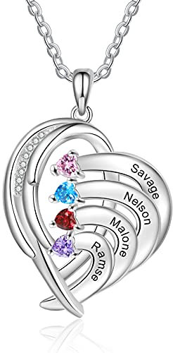 RolaOnly Damen Kette mit 4 Namen Personalisierte Herz Halskette 925 Sterlingsilber Mütter geburtsstein Medaillon Für Mutter und Tochter, Schwester, Beste Freundin