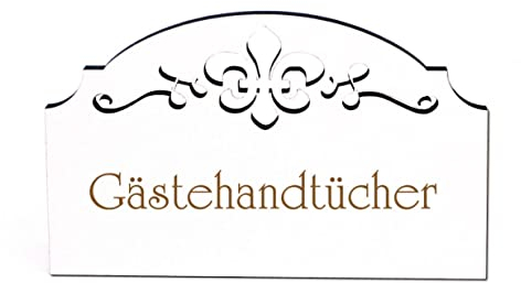DEKO-LANDO Gästehandtücher Schild Holz selbstklebend Ornamente Türschild weiß Vintage Gast Türdeko 15,5 x 9,5 cm, 15,5 x 9,5 x 0,5 cm