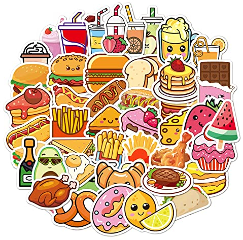 50 Stück Kawaii-Aufkleber-Set, Leckeres Essen Milchtee Frucht Hamburger Pommes Thema Aufkleber, DIY Dekorations Aufkleber für Laptop, Planer, Sammelalbum, Tagebücher, Album