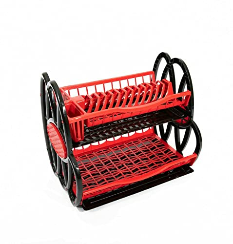 2 Tier Double Dish Drainer Rack Large Plate Cutlery Cup Holder Plastic Trays (Red and Black)