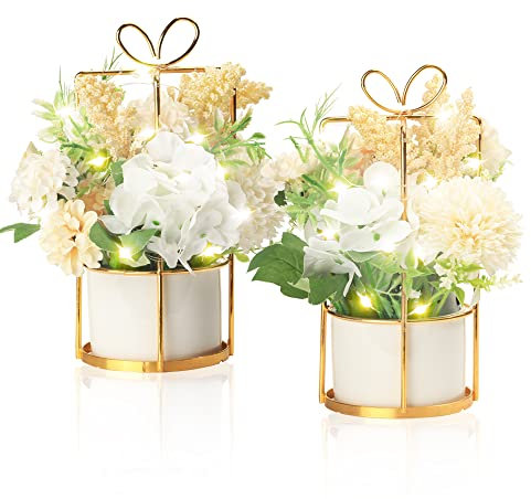BEGONDIS Conjunto de 2 LED flores artificiales macetas falsas flores blancas colgantes plantas en maceta para el hogar, sala de estar, oficina, decoración de fiesta