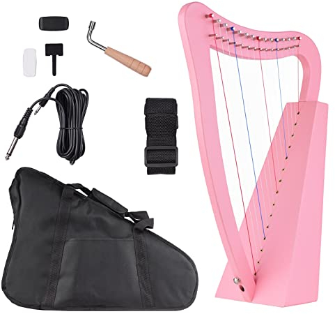 15-saitige Leierharfe aus Holz mit Tragetasche, Gurt, Stimmschlüssel, Tonabnehmer für Anfänger, Harfen-Saiteninstrument (Farbe: Rosa)