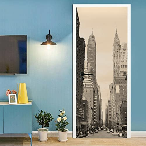 A.Monamour Türtapete Selbstklebend Türfolie Türposter 3D New York City Manhattan Straßenansicht Mit Chrysler Building Wolkenkratzern Schwarz Und Weiß. Vinyl Folie Tapete Wandbild Türaufkleber 85x215cm