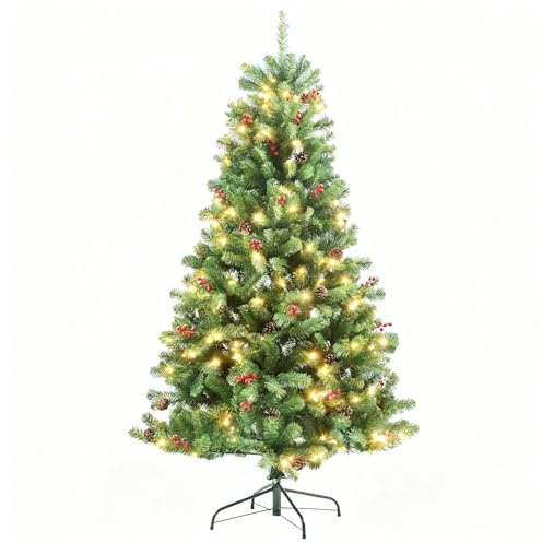 7Ft/2.1m Pre-Lit Artificial Christmas Tree Maryland Fir Green Pine Tips Decorated with Red Berries and Pine Cones Warm White LEDs Xmas Home Decorations Metal Stand