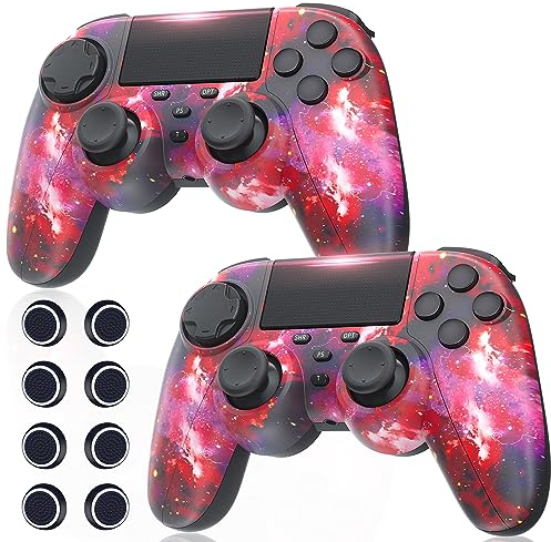 Gamrombo 2 Stück Wireless Controllers mit Kappen für Ps-4 Vibration Kabellose Gamepad mit Turbo und 3.5mm Audio Jack/LED/Touch Pad/Joystick caps für P-s4/Pro/Slim/PC
