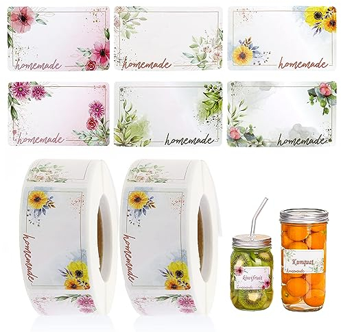 1000 Stück Etiketten Selbstklebend, Marmelade Etiketten Selbstklebend zum Beschriften Etiketten, Aufkleber mit Blumensiegel, Selbstklebend Aufkleber für Marmeladenglas Geschenktüten Weihnachten
