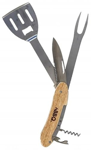 5 in 1 BBQ Multi Tool Set - Folding Barbecue Grilling Cooking Utentils - Includes Spatula, Fork, Basting Brush, Corkscrew & Bottle Opener - Metal Tools with Plastic Handle