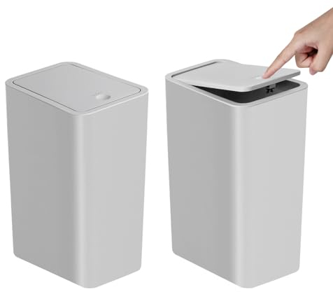 TIPGO Badezimmer-Mülleimer mit Deckel, 10 Liter, schmaler Mülleimer, klein, mit Pop-Up-Deckel für Küche, Schlafzimmer, Wohnzimmer, Büro, Grau, 2 Stück