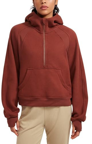CRZ YOGA Felpe con Cappuccio a Mezza Zip da Donna Foderate in Pile con Fori per i Pollici Giuggiola Marrone 42