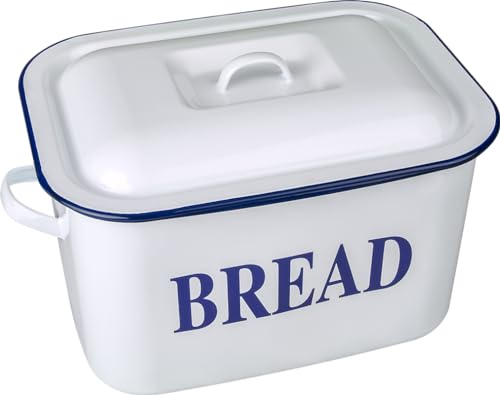 AuraHome Vintage Gourmet ® Mini Enamel Traditional Classic Blue & White Oblong Bread Bin Size 34cm Wide Heavy Gauge Vitreous Enamel on Steel,Keeps Bread Fresher for Longer, Hygienic Easy to Clean