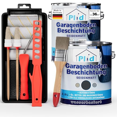 Plid Garagenbodenbeschichtung Anthrazitgrau 5 L + Lackierset | ca. 36 m² | Betonfarbe, Garagenbodenfarbe | Lackierset | Innen & Außen | Wasser- & Ölbeständig | Abriebfest | Made in Germany