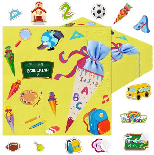 Wentsent Einschulung Deko, 40Stück Servietten Schulanfang + 100Stück Konfetti Aufkleber Einschulung Zuckertüten ABC 123 Set,Schulkind Deko Schuleinführung Deko 1. Schultag Tischdeko für Mädchen Jungen