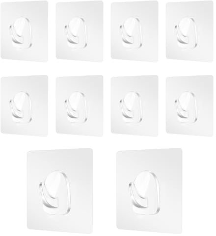 HarmonyCrafts 10pcs Clear Self-Adhesive Hooks: Heavy Duty, Invisible, Nail-Free, Seamless, Removable, Waterproof Kitchen Sticky Plastic Hooks for Towels, Clothes, Keys