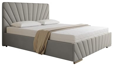 PANDA MÖBEL Polsterbett 160x200 cm - RAY Kollektion - Modern Doppelbett mit hochwertiger Taschenfederkernmatratze Pocket - Polsterbett mit Bettkasten für Schlafzimmer - Hellgrau