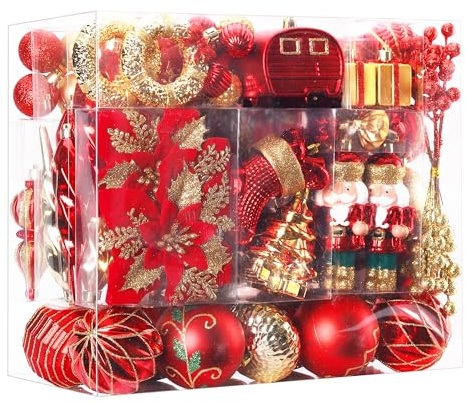 SHareconn Set di 135 Palline di Natale Decorazioni, Infrangibili Ornamenti, Decorazione per Albero di Natale & Feste Matrimoni, Diverse Forme di Palline con corda(Rosso e Oro)