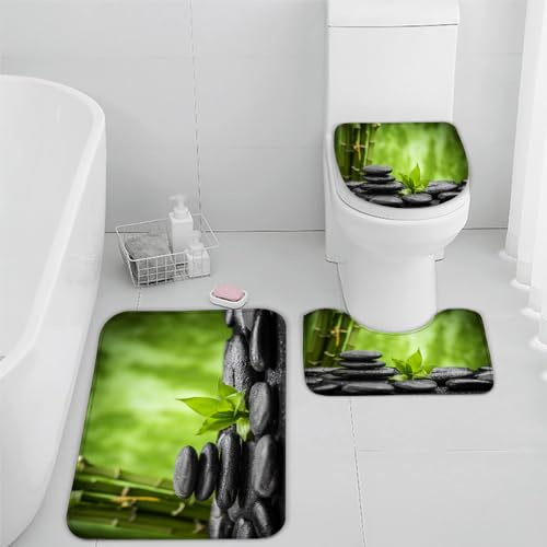 RLYXGS Badematten Set 3 Teilig Zen rutschfest Absorbierend Flanell Badezimmerteppich 40x60cm 3D Grün Bambus Stein U-förmiger Kontur Teppich und WC-Deckel Waschbar Badteppich Weich Saugfähige