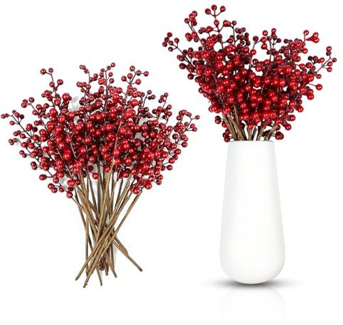 LIHIQIYA Rote Beeren Deko Weihnachten, 20er Künstliche Beerenzweige Weihnachtsdeko, Adventskranz Deko Rot Beeren, Beerenzweig Künstlich, Weihnachtszweige Künstliche Zweige Deko Kranz Rote Beeren