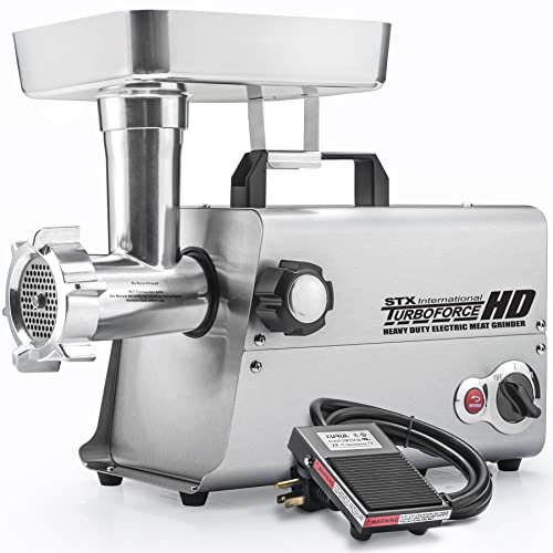 STX International Turboforce 3500-TFHD - Molinillo eléctrico de carne resistente con pedal de pie • 5 placas de molienda • 3 cuchillas S/S • Relleno de salchichas • Kubbe • 3 libras Bandeja de carne,