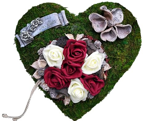 Grabgesteck Grabschmuck Moosherz Trauerherz mit Rosen | Herzform, Schriftrolle In Liebe, Grabaufleger, Grabherz