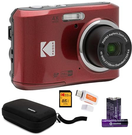 Kodak PIXPRO FZ45 - Fotocamera digitale con zoom amichevole (rosso) con scheda di memoria da 32 GB, organizer da viaggio e custodia, batterie alcaline e lettore SD (5 articoli)