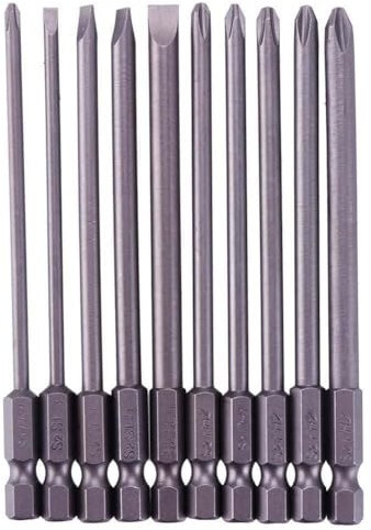 Set di 10 Punte per cacciavite a Croce e a Taglio magnetiche Lunghe, Set di Punte per cacciavite esagonali da 1/4 di Pollice, Utensili per cacciavite Elettrico per Montaggio mobili (100 mm)