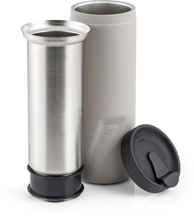 EcoVessel Travel French Press, Portable Coffee Maker, Stainless Steel Insulated Coffee Press, Reusable Single Serve Bottle for On-The-Go Use, 14oz (Stone)