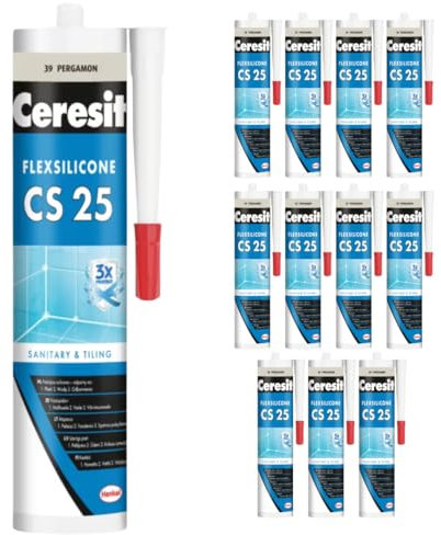 Sanitär Silikon CS25 Grau Pergamon für Innen und Außen Bad und Küche - Schimmel und Pilzschutz- UV- Beständig gegen Reinigungsmittel - dauerhafte Elastizität - Elastisch und dehnbar (12 x 280ml)